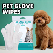 A package of Pet Glove Wipes for dogs and cats next to a fluffy golden-colored dog.