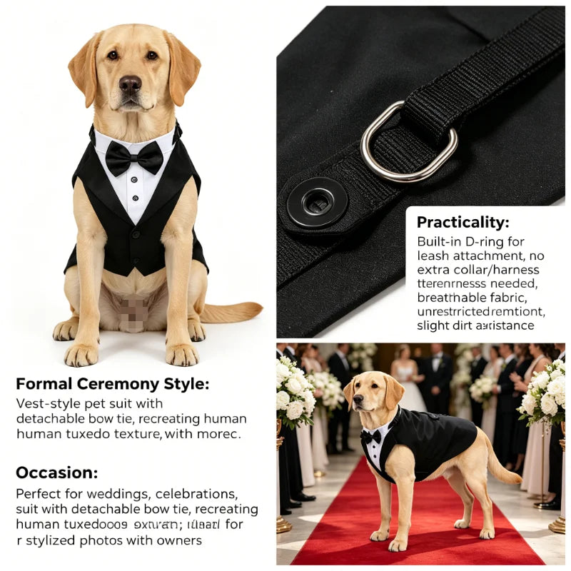 A golden retriever wearing a black tuxedo vest and bowtie collar sitting for a formal ceremony.
