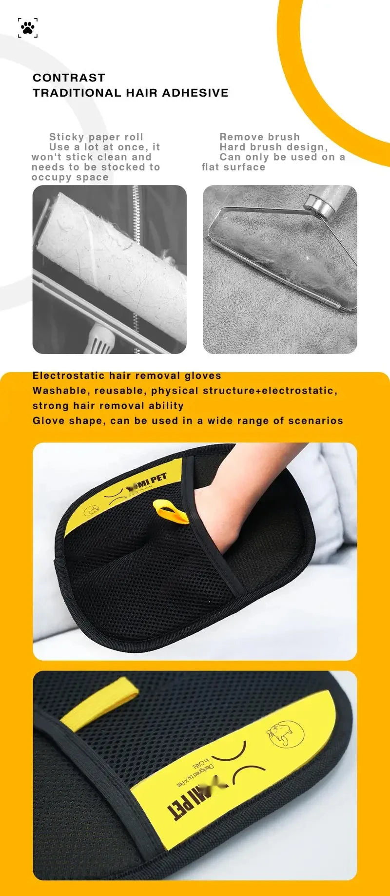 Black electrostatic hair removal gloves designed for pets, shown in various angles.