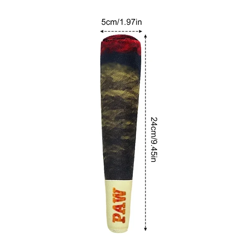 A vertical plush dog chew toy with a dark green and red striped exterior and a beige base.