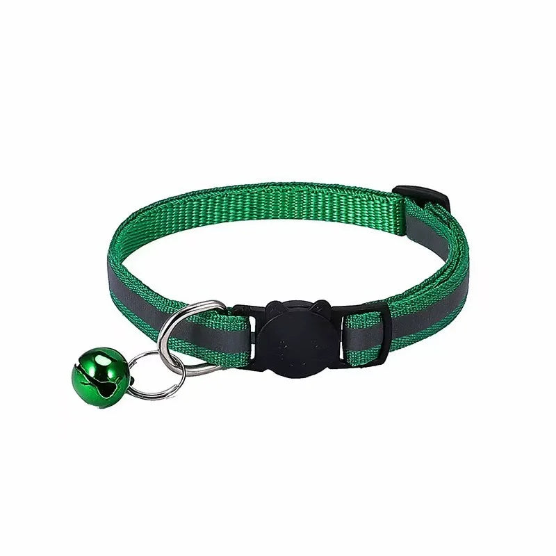 Green reflective cat collar with a black breakaway buckle and attached bell