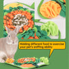 A pet rabbit is shown near a mat with various colored foods hidden to exercise its sniffing ability.