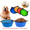 A set of silicone pet travel bowls in blue, orange, and green, shown next to a golden retriever and a cat.