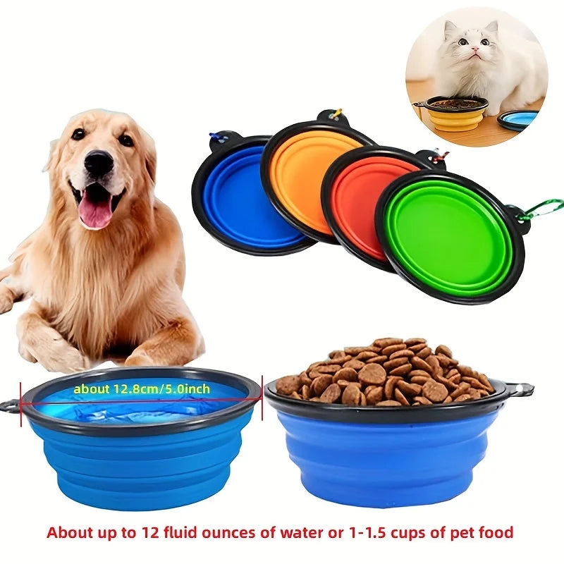 A set of silicone pet travel bowls in blue, orange, and green, shown next to a golden retriever and a cat.