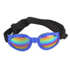 Blue foldable pet sunglasses with rainbow colored lenses and a black adjustable strap