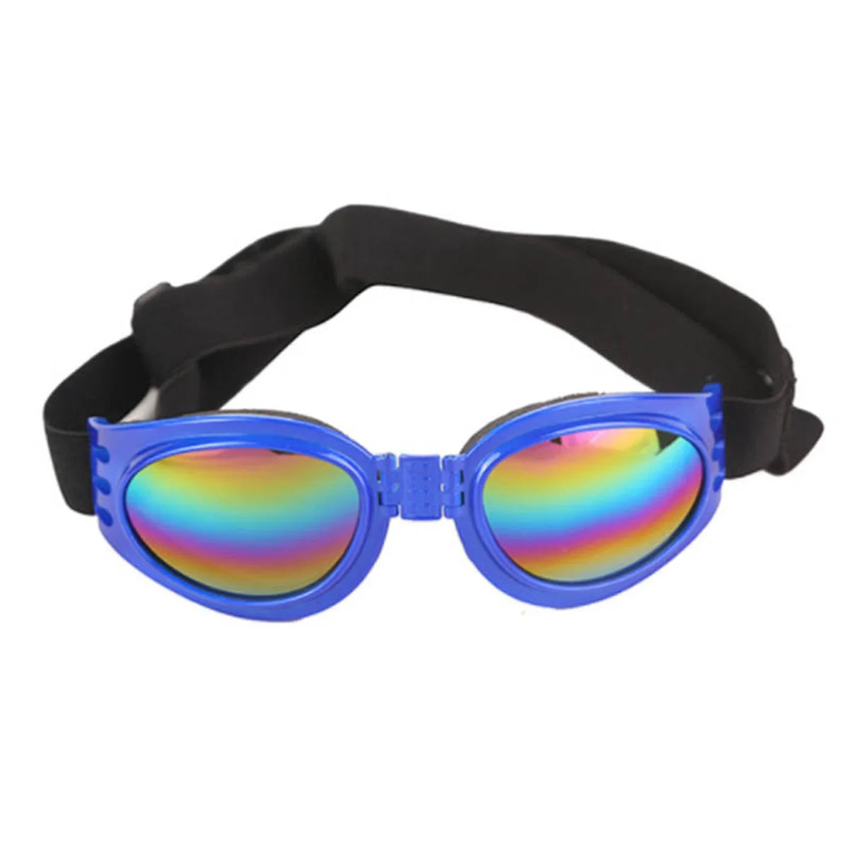 Blue foldable pet sunglasses with rainbow colored lenses and a black adjustable strap