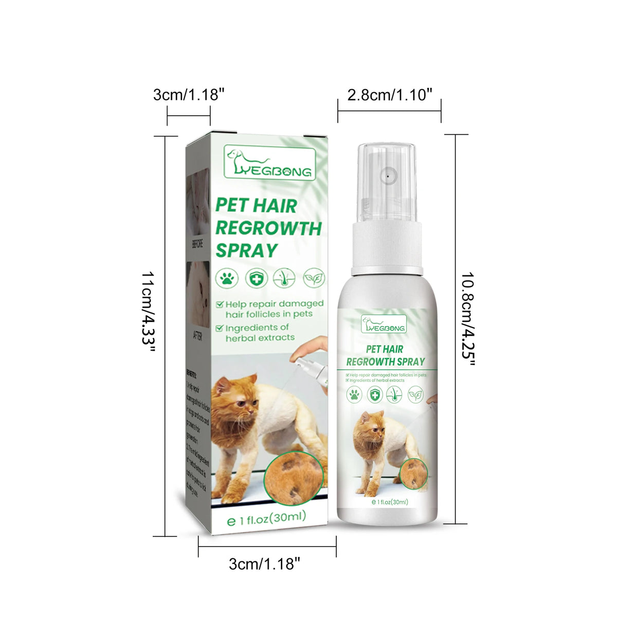 A bottle of Pet Hair Regrowth Spray with a pump dispenser and packaging details.