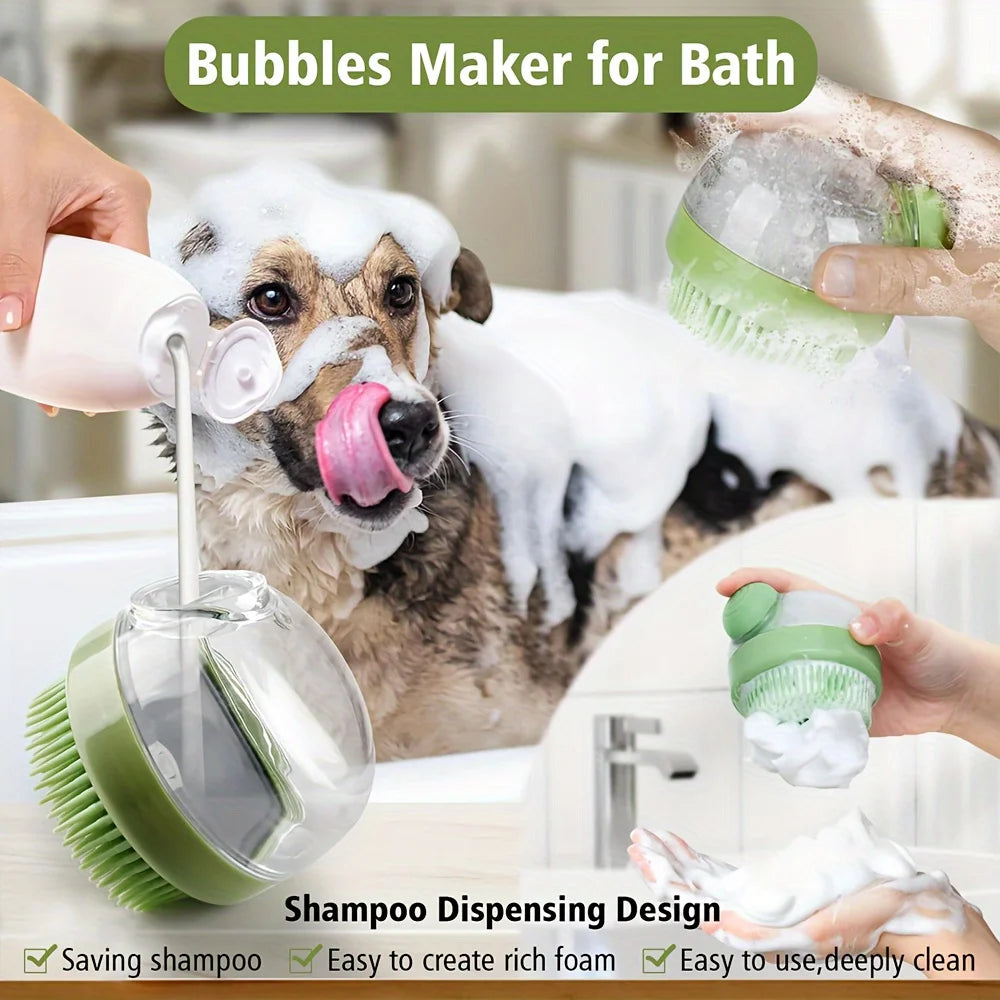 A dog is being bathed using a bubble maker for bath with a shampoo dispensing design.