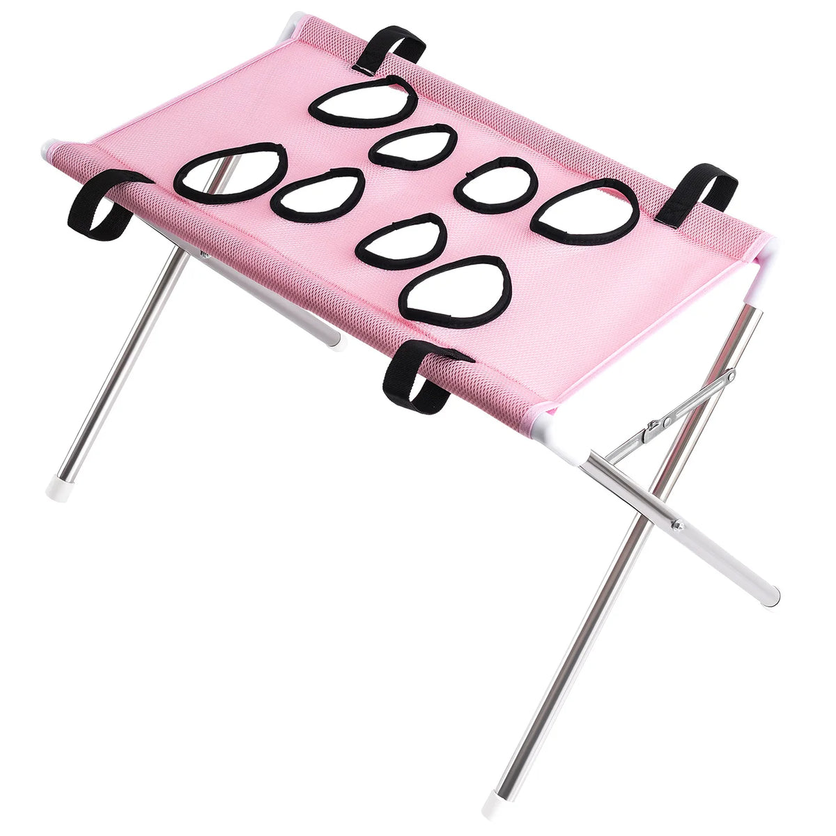 Hamaca plegable rosa para aseo de mascotas con anillos negros para recortar uñas