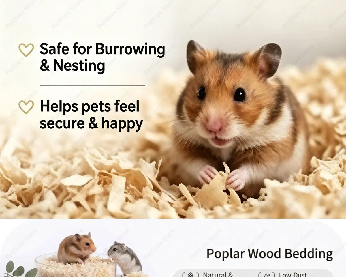 A small brown rodent is visible in natural wood chip bedding.
