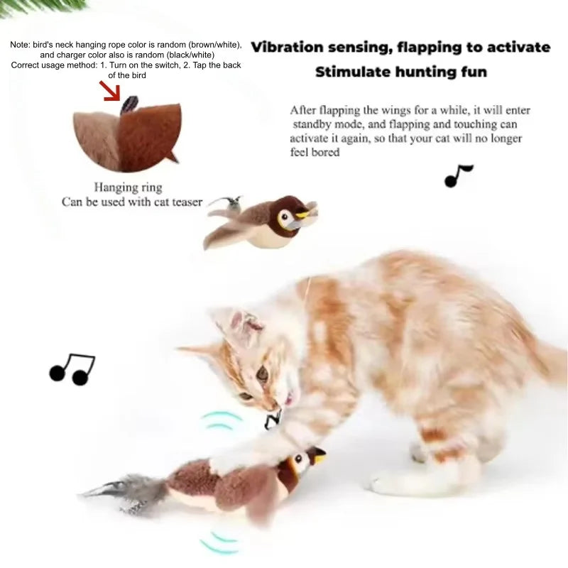 An interactive chirping bird cat toy with flapping wings is shown interacting with a cat.