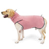 A light tan dog wearing a pink cozy fleece sweater with a high collar.