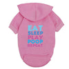 A pink hoodie featuring text that reads Eat Sleep Play Poop Repeat