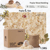 A box of Poplar Wood Bedding with loose wood chips and a small white rodent on a sheet of bedding.