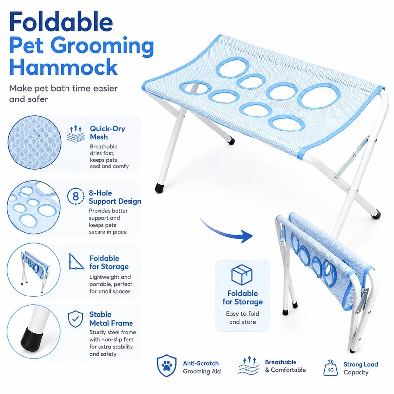 Light blue foldable pet grooming hammock for dog and cat restraint with breathable mesh and stable metal frame