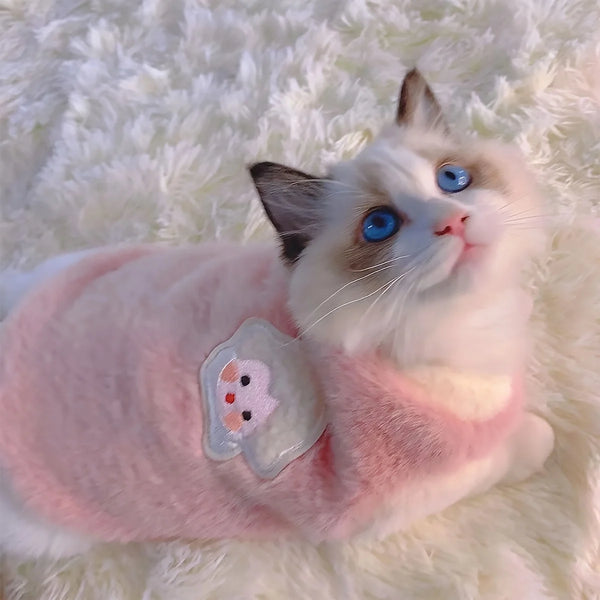 A fluffy white and blue cat wearing a pink embroidered vest on a white, furry surface.