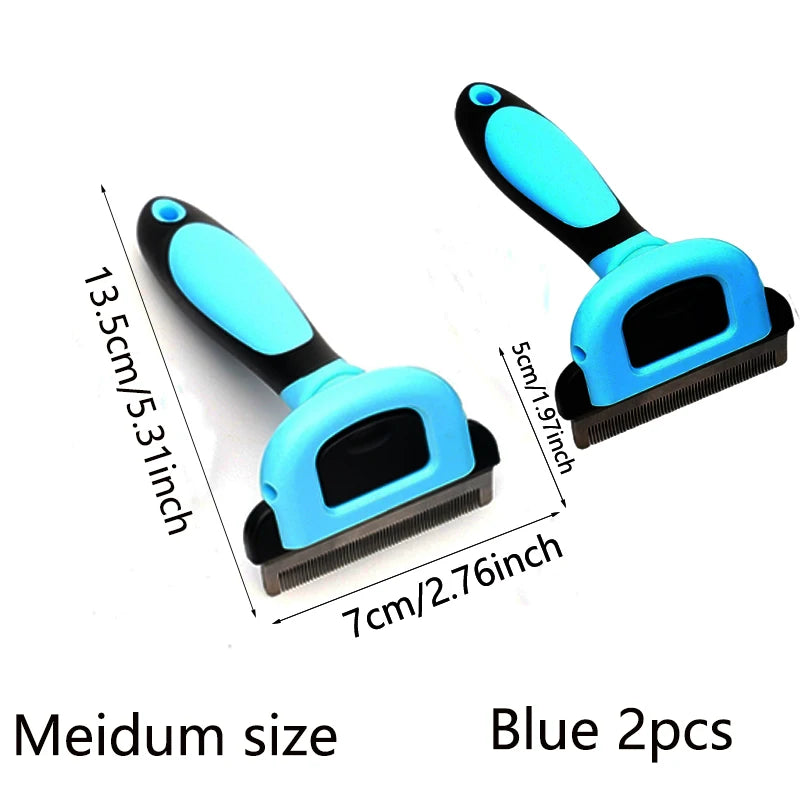 A set of two blue pet hair grooming combs with black handles and teeth shown against a white background.