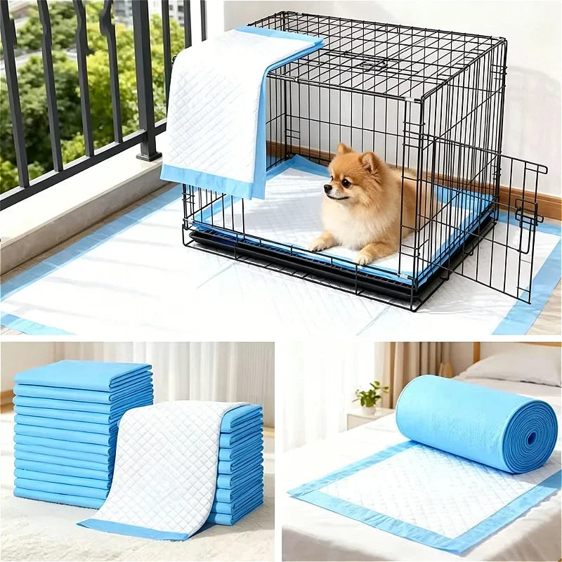 Blue pet training pads and a wire crate for small dogs are shown in various contexts.