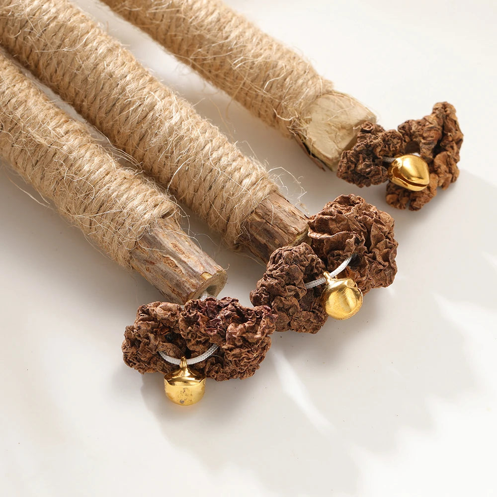 Natural silvervine cat chews and dental health toys made from dried natural fibers.