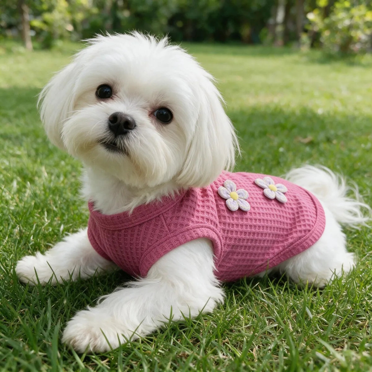 Flauschiger weißer Hund mit pinkem Strickweste mit Blumenstickerei liegt auf grünem Gras.