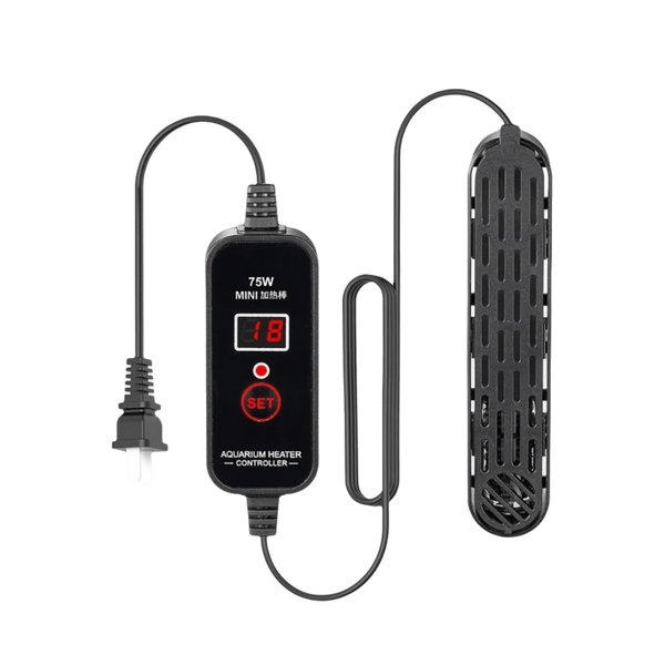 Calentador de acuario mini negro con cable de alimentación y elemento calefactor separado.