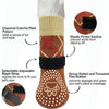 A knitted dog sock featuring a plaid pattern, elastic fit section, and a dotted paw rubber bottom.
