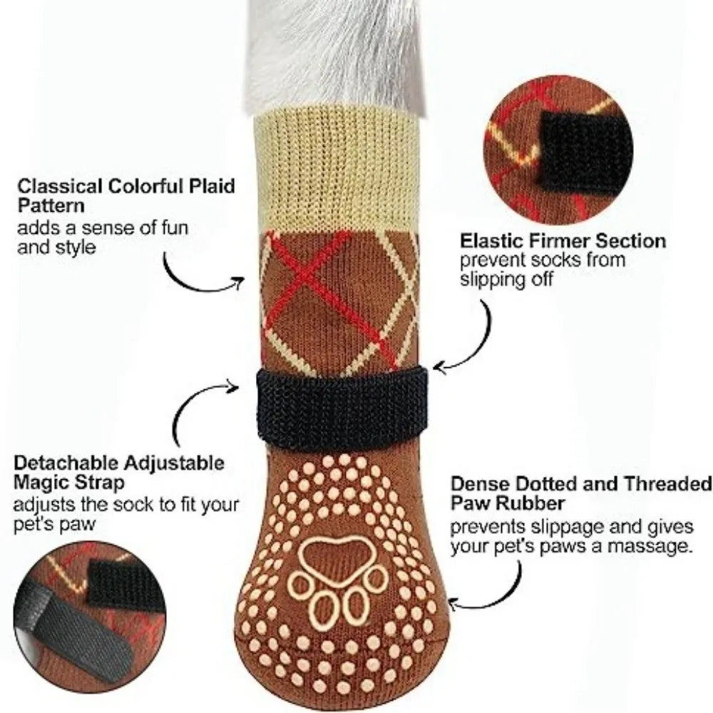 A knitted dog sock featuring a plaid pattern, elastic fit section, and a dotted paw rubber bottom.