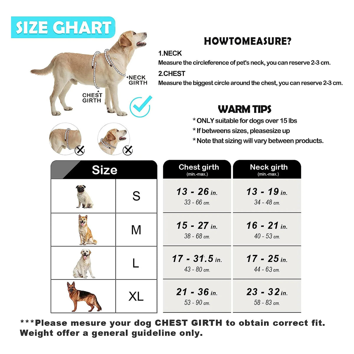 A diagram showing measurements for a dog vest harness including neck and chest girths.