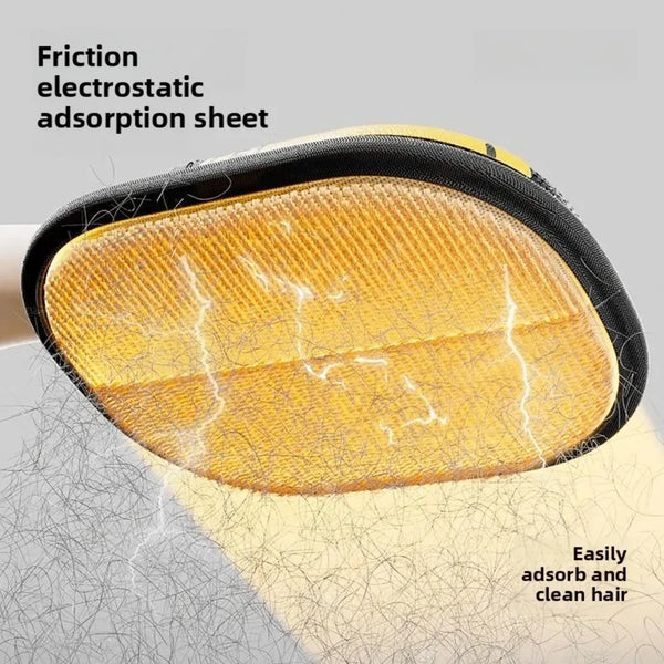 A yellow friction electrostatic adsorption sheet is shown on a black glove, demonstrating its ability to easily absorb and cl