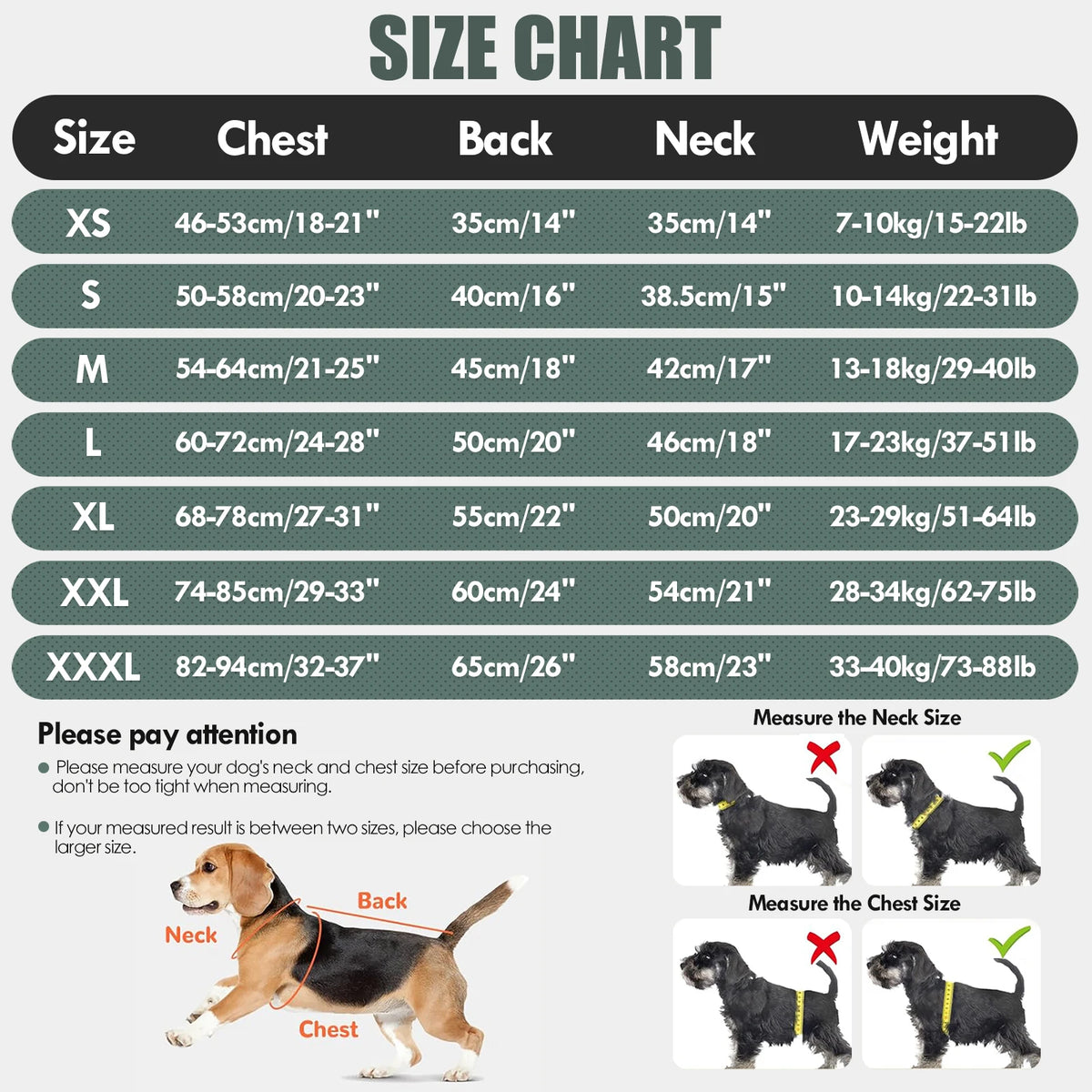 Size chart showing measurements for dog coats including chest, back, neck, and weight.