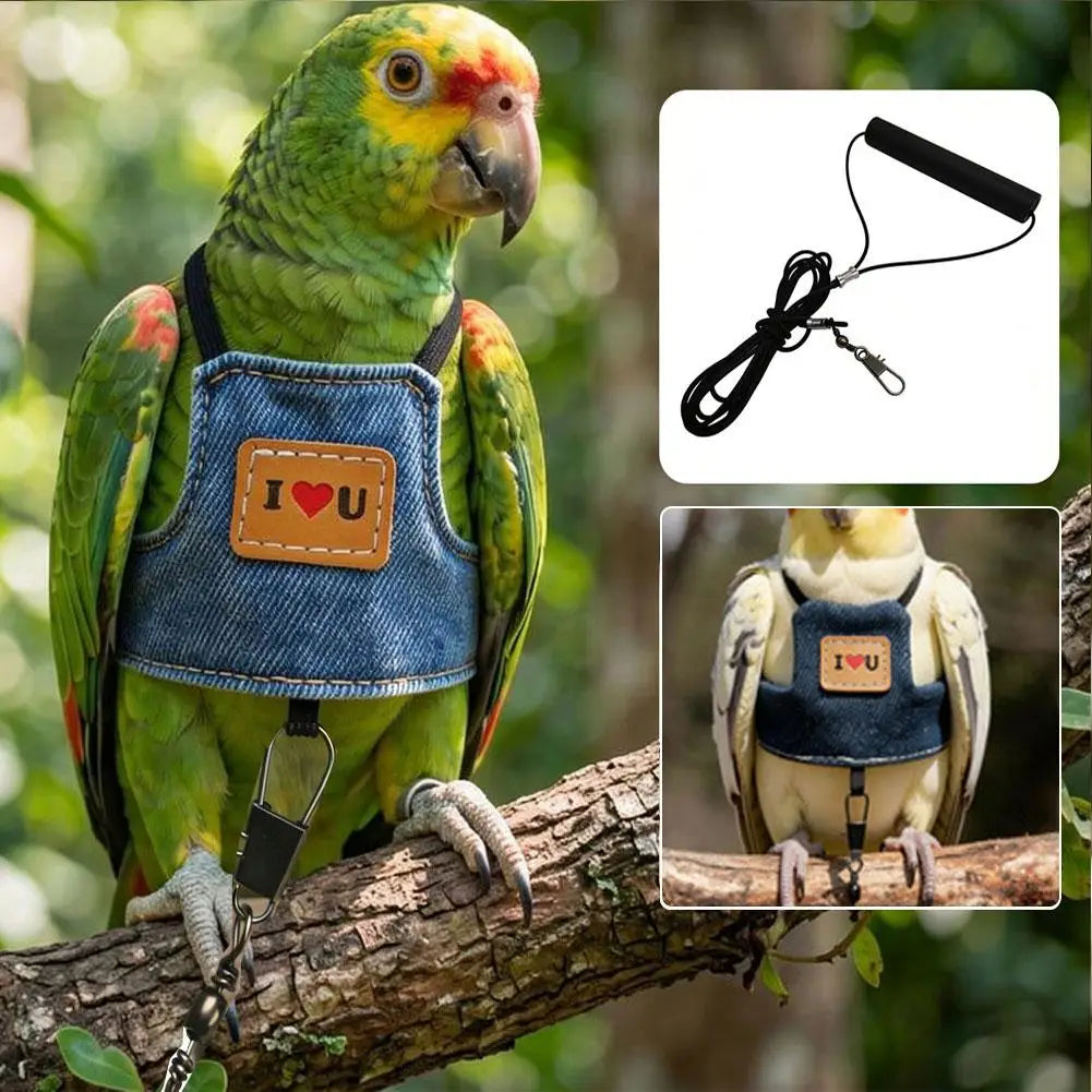 A green parrot wearing an adjustable denim bird harness and flight leash set perched on a tree branch.