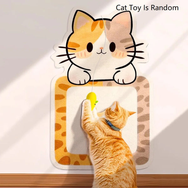 A cat toy is hanging from a wall-mounted cat scratcher, with a tabby cat looking at it.