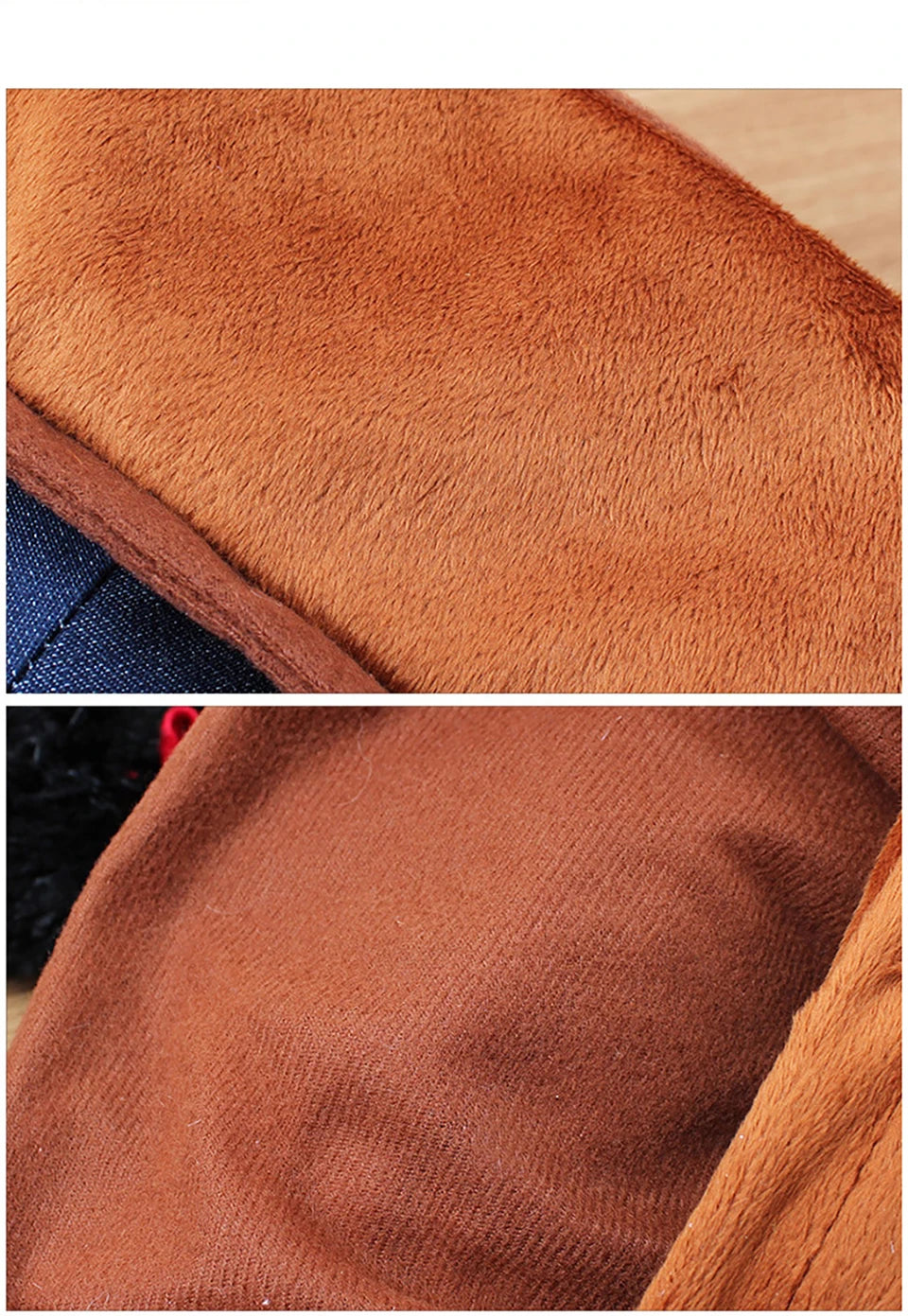 Close-up of a brown faux fur dog jacket showing the texture and stitching.
