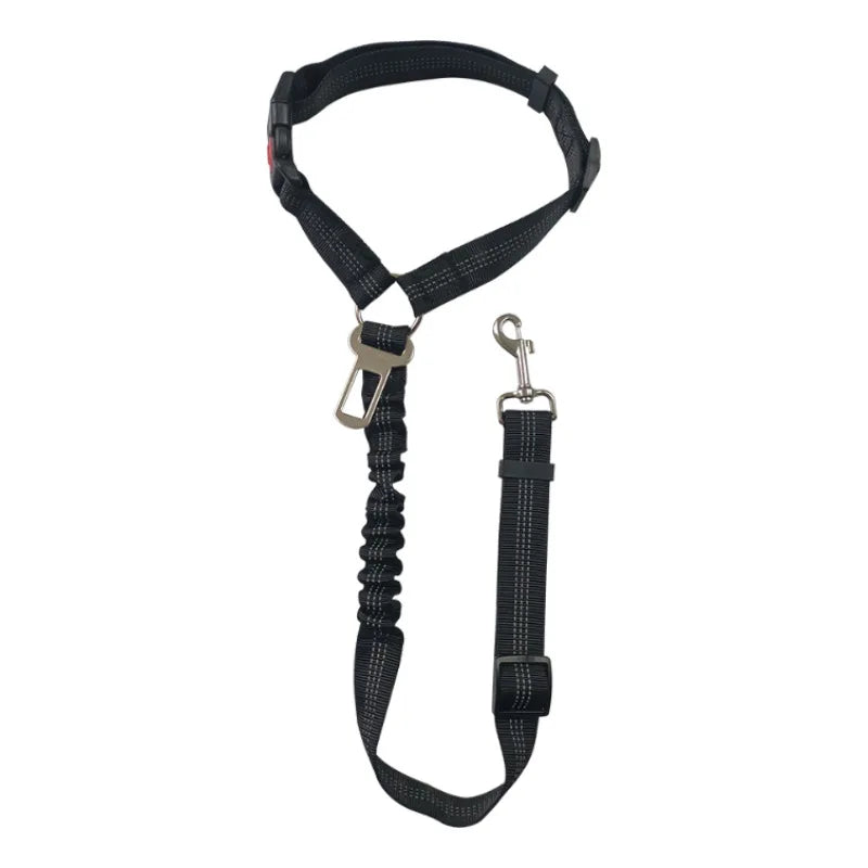 Black adjustable dog car seat belt with elastic bungee buffer