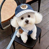 A white poodle wearing a blue baseball cap and a denim harness vest with a leash sitting on a dark chair.