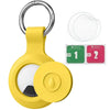 Yellow silicone protective cover for an AirTag with a keychain ring and cleaning wipes