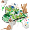 A cat toy featuring a vibrant tropical leaf design with colorful birds and a feather, shown alongside a kitten.