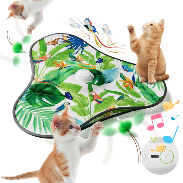 A cat toy featuring a vibrant tropical leaf design with colorful birds and a feather, shown alongside a kitten.