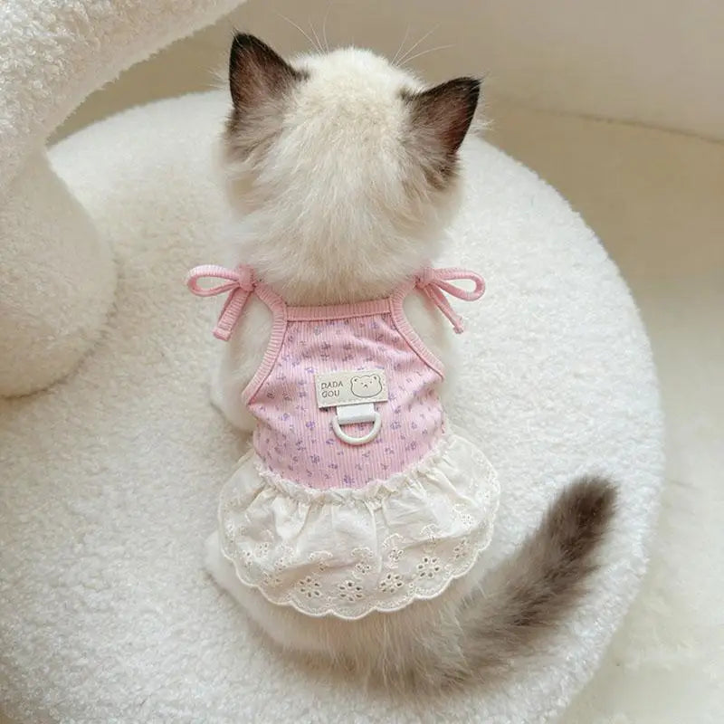 A small white kitten wearing a pink floral print dress with thin straps and lace trim, resting on a white fluffy surface.