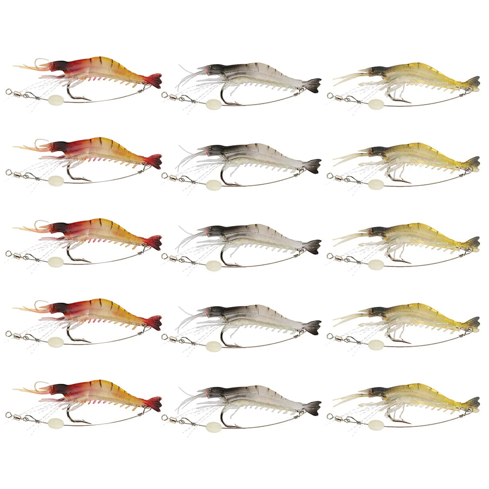 A series of luminous soft shrimp lures in various colors and finishes for fishing.