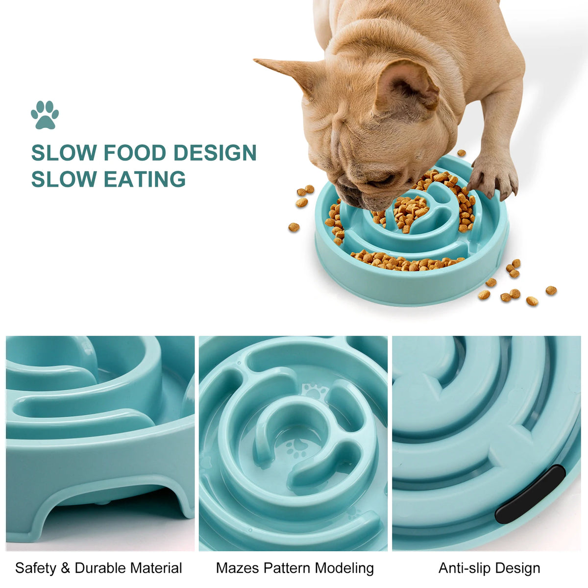 A cat is using a slow food design bowl for feeding, demonstrating the anti-gulping feature and maze pattern.