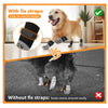 Comparison showing dog socks with fix straps versus without, highlighting ease of use and slip prevention.