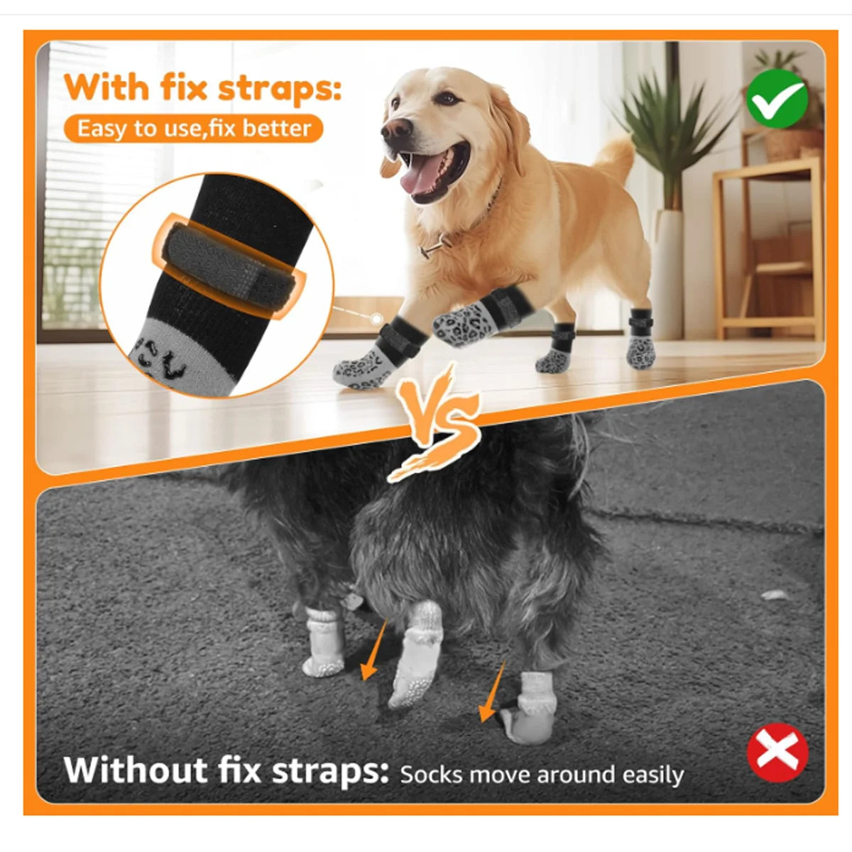 Comparison showing dog socks with fix straps versus without, highlighting ease of use and slip prevention.