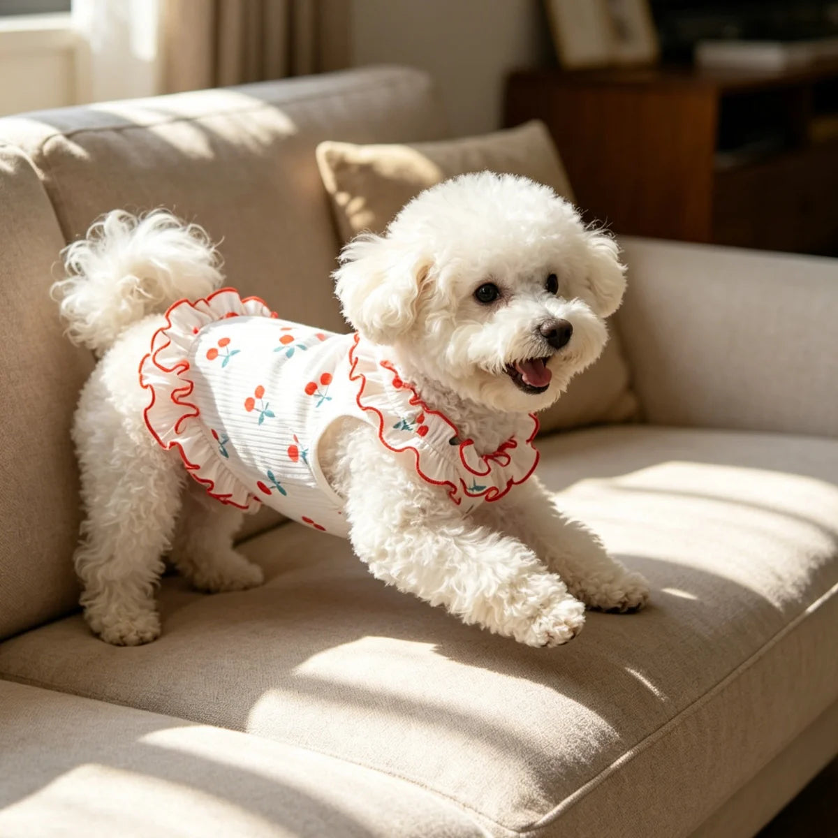 A fluffy white poodle wearing a red ruffled pet dress sitting on a light-colored sofa.