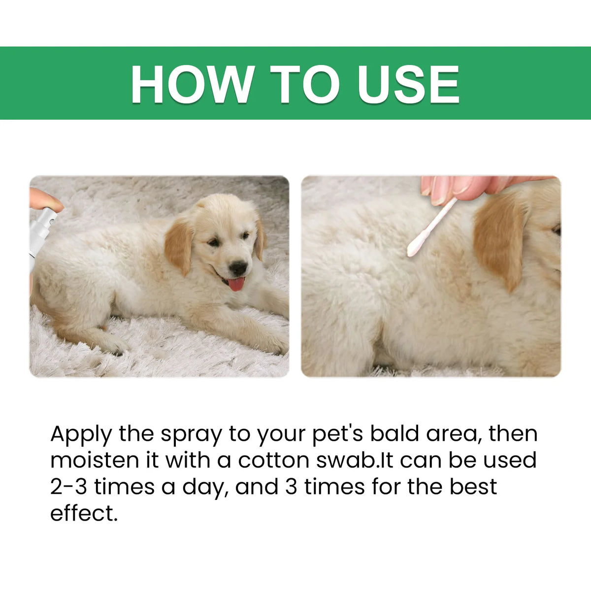 Instructions showing how to apply a pet skin care spray to a dog's bald area with a cotton swab.