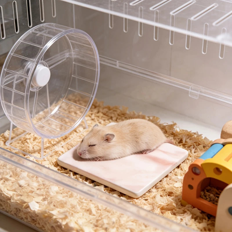 Ein hellbrauner Hamster ruht auf einer pinken Kühfmatte in einem durchsichtigen Plastikkäfig.
