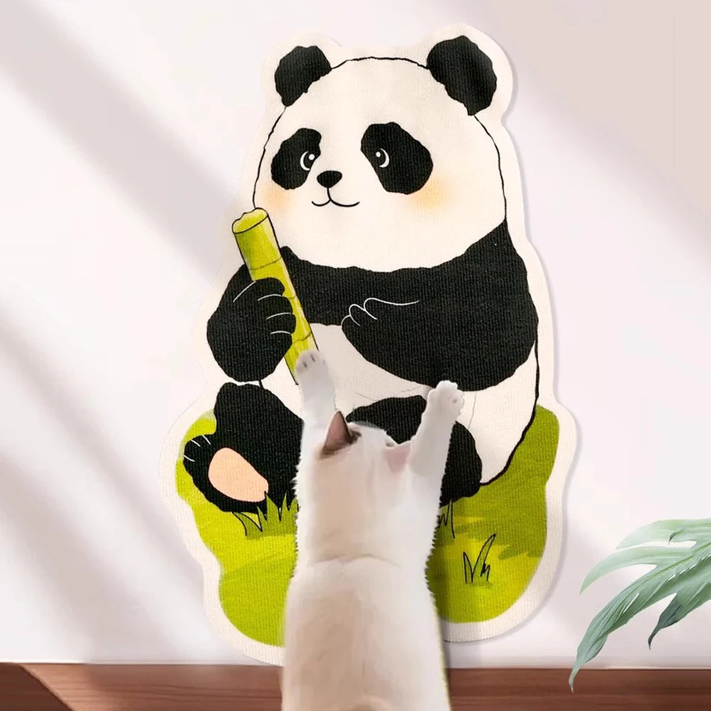 A white cat is interacting with a wall-mounted panda toy featuring a yellow tube.