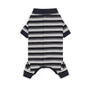 A black and white striped four-legged pet jumpsuit with short sleeves.