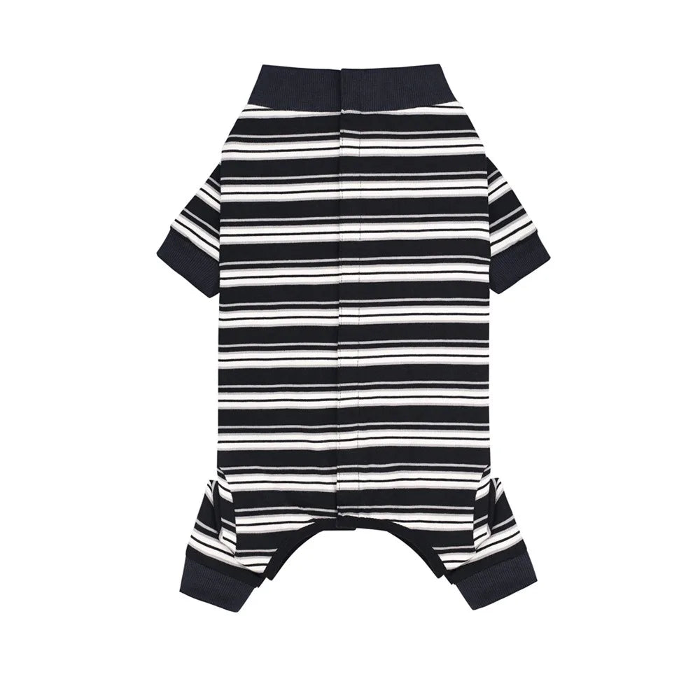 A black and white striped four-legged pet jumpsuit with short sleeves.