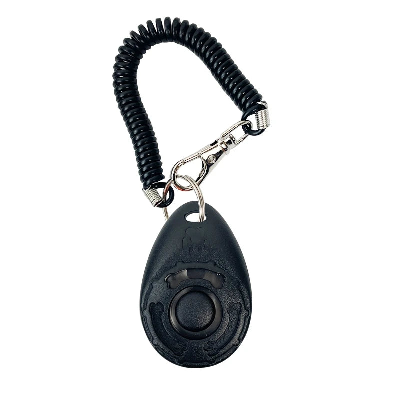 Schwarzer Hundetrainer-Klicker mit gewickeltem Armband und Metallclip.